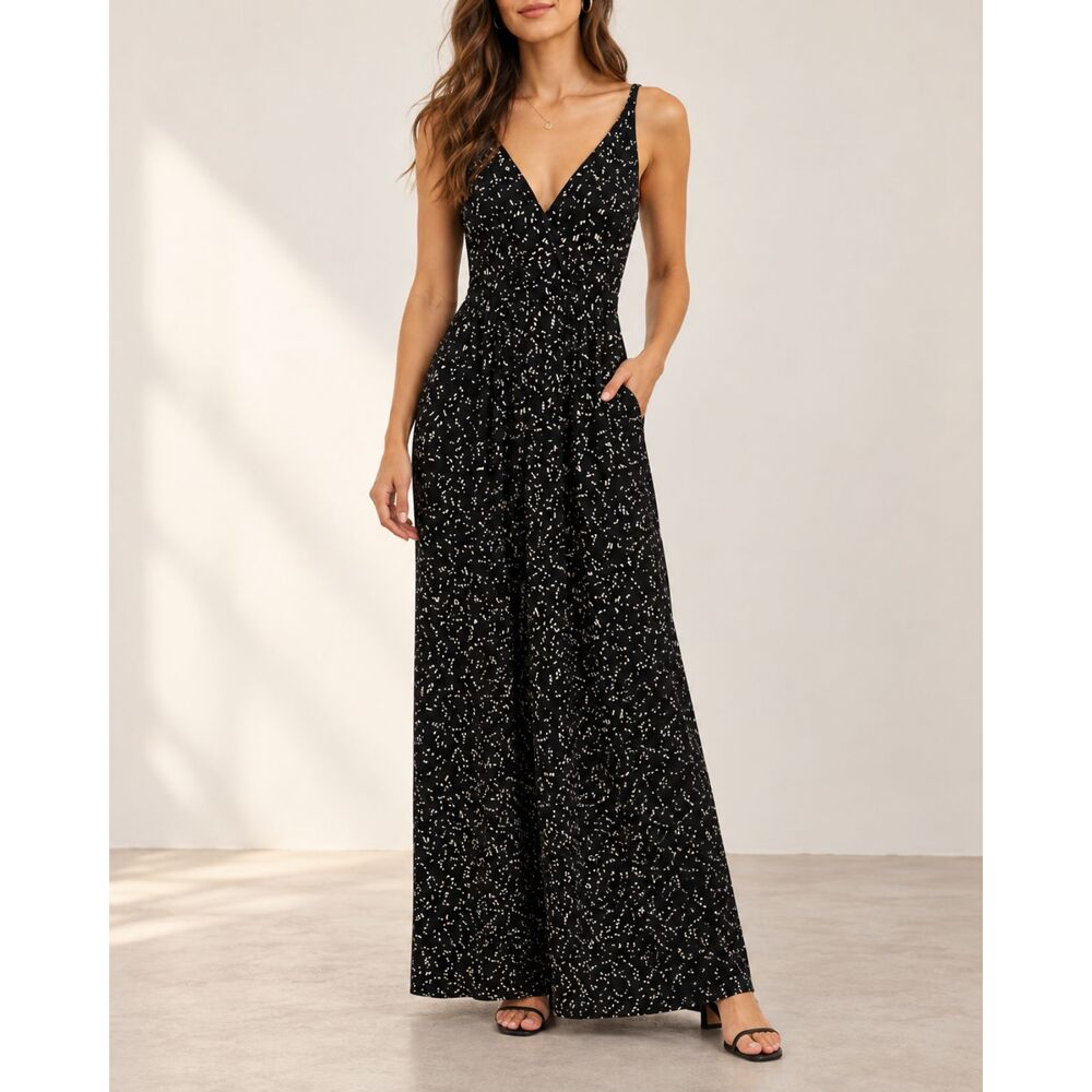 Kaileigh Black & Cream Abstract Print Wide-Leg Romper | Size Large